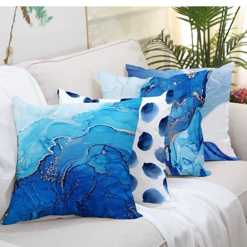 Marble Texture Turquoise and Gold Silver Decorative Throw Pillow Covers Set of 4 - Picture 13 of 15